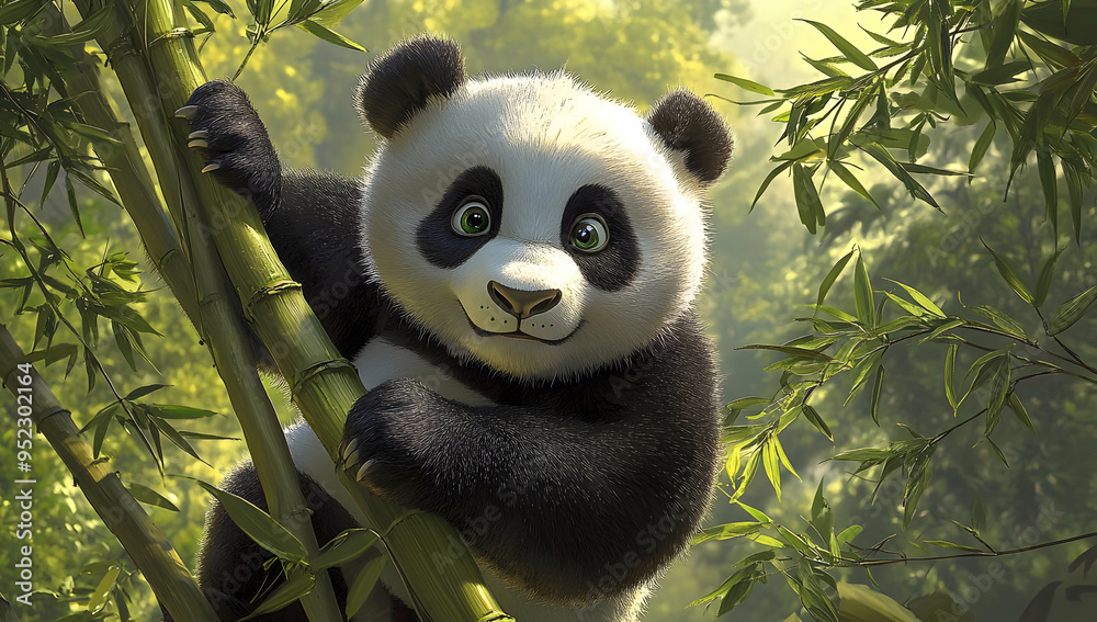 A cute panda climbing bamboo in a vibrant forest, showcasing the charm and beauty of wildlife in its natural habitat. A cute panda climbing bamboo in a vibrant forest, showcasing the charm and beauty of wildlife in its natural habitat.