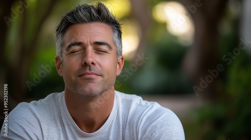 A mid-40s Caucasian man with graying hair sits peacefully in a park, eyes closed, practicing deep breathing amidst lush greenery