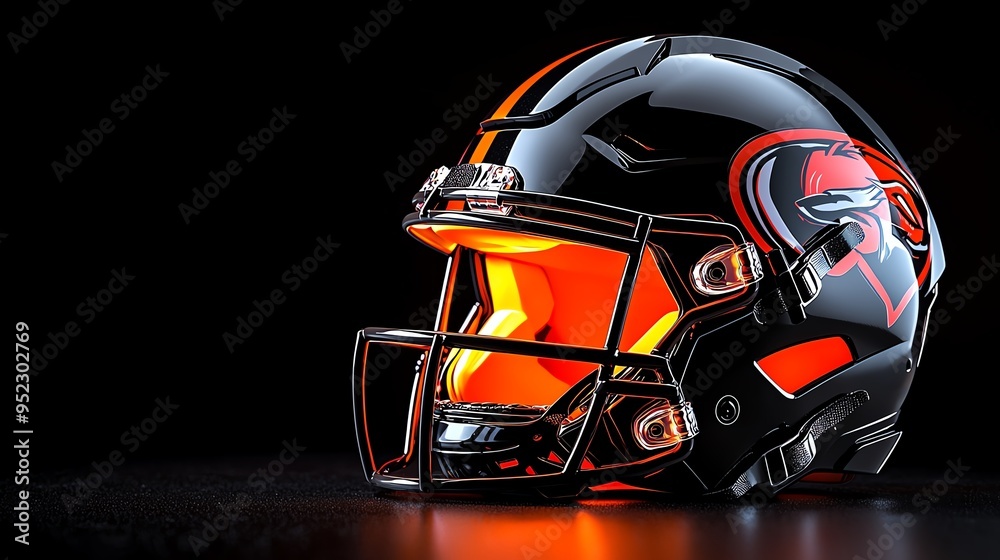 Naklejka premium A striking football helmet with glossy black finish and vibrant orange visor, perfect for sports-themed designs and merchandising.