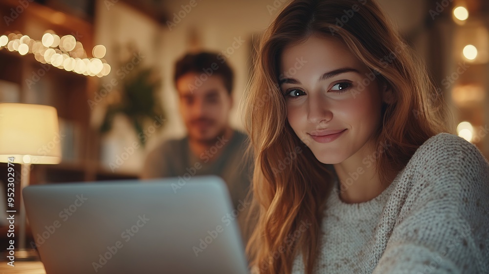 Adult woman wife girlfriend work from home on laptop while man boyfriend husband help and support her : Generative AI