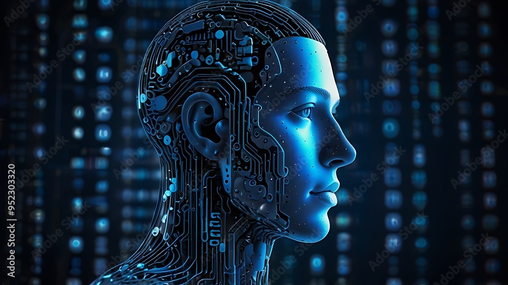 circuit board pattern robotics head representing artificial intelligence digital blue background circuit board pattern robotics head representing artificial intelligence digital blue background