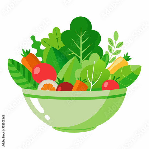 bowl of fresh vegetables, Fresh Salad Bowl Vector – Flat Design with Green and White Colors, Vibrant Vegetables