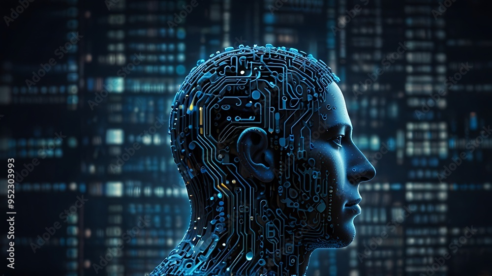 circuit board pattern robotics head representing artificial intelligence digital blue background circuit board pattern robotics head representing artificial intelligence digital blue background