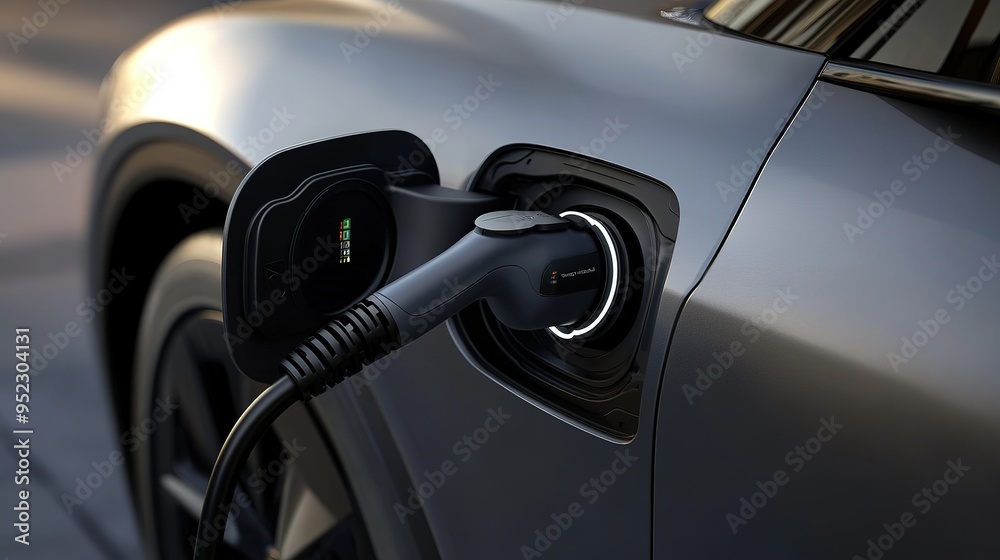 Closeup of an electric car charging with a focus on the charging connector and battery status Closeup of an electric car charging with a focus on the charging connector and battery status