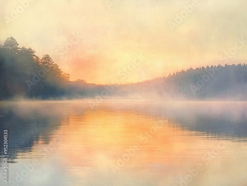 Serene Sunrise over Misty Lake with Forest Reflections