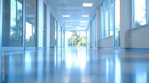 Light blurred background The hall of an office or medical institution with panoramic windows and a perspective : Generative AI