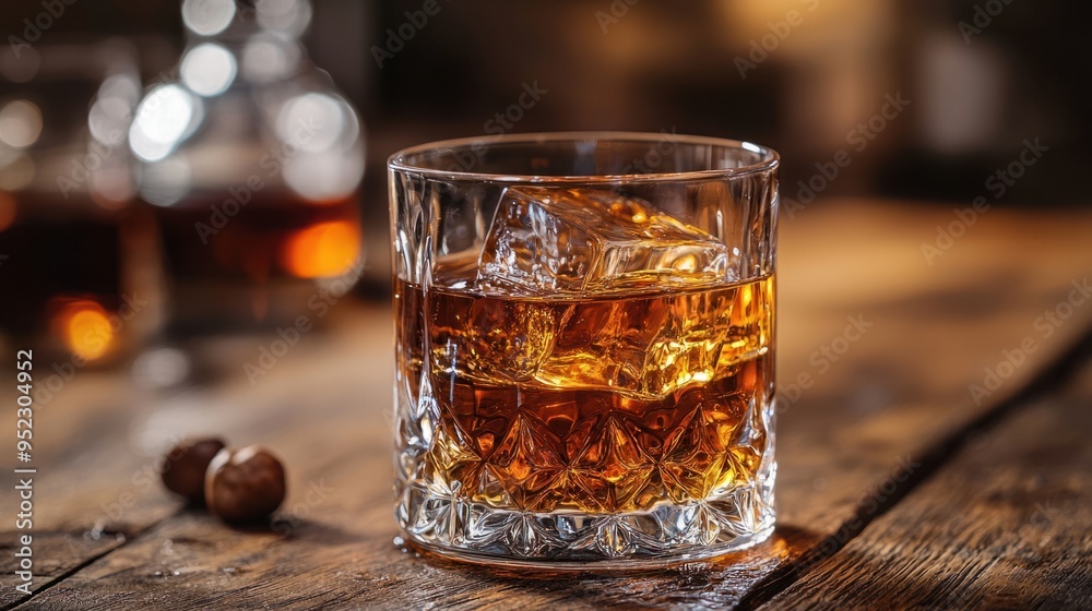 Luxurious Whiskey Served on the Rocks in Elegant Crystal Tumbler Luxurious Whiskey Served on the Rocks in Elegant Crystal Tumbler