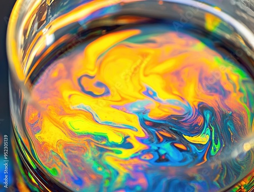 Colorful Abstract Oil and Water Mixture in Glass Bowl with Vivid Swirling Patterns photo