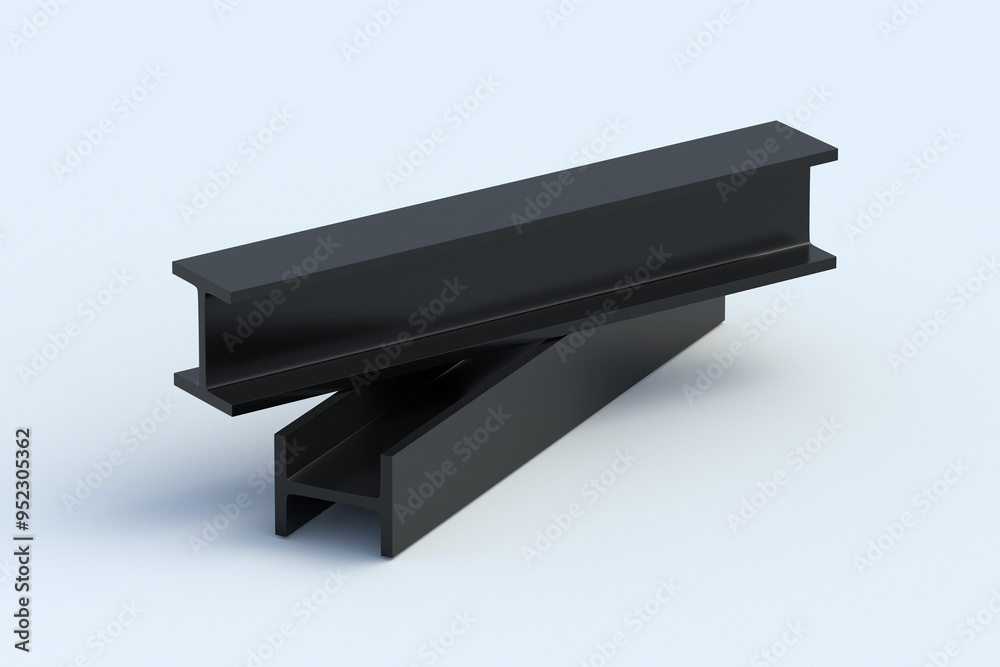 Two black steel beams on gray background. Metal girder. Building construction materials. Metallurgy industry. 3d render Two black steel beams on gray background. Metal girder. Building construction materials. Metallurgy industry. 3d render