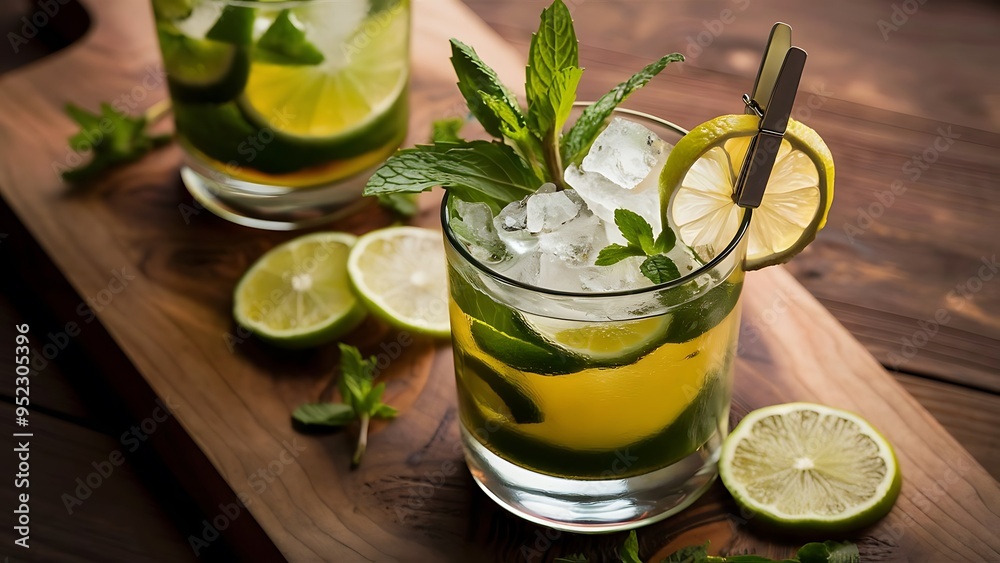 Fototapeta premium Mojito. Glasses with sprigs of mint and lime slices. Preparation for a cocktail. With an original decoration, a slice of dry lemon attached to the edge of the glass on a mini clothespin.