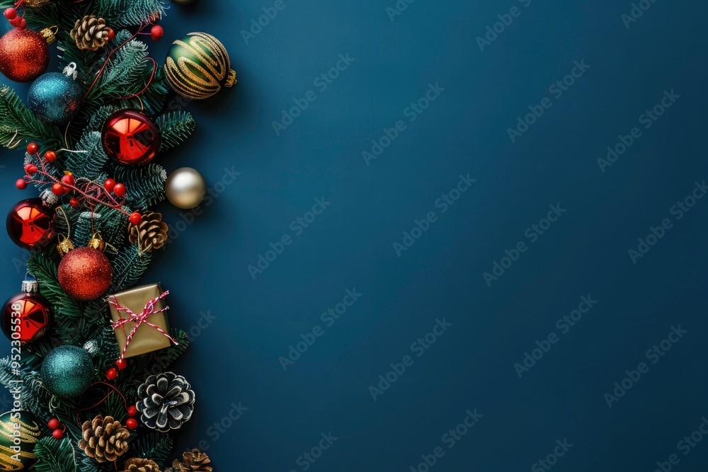 Elegant Christmas background with Christmas tree, a gift box, and a Christmas ball, all arranged festively on dark blue background. Xmas card, Christmas background, Xmas greeting Elegant Christmas background with Christmas tree, a gift box, and a Christmas ball, all arranged festively on dark blue background. Xmas card, Christmas background, Xmas greeting