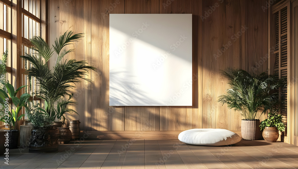 Fototapeta premium Bright and serene interior with wooden walls, lush plants, and a blank canvas, ideal for artwork display or relaxation.