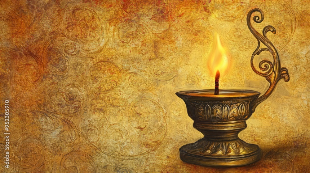 Single Oil Lamp Illuminated Against a Rich Golden Ornate Background, Evoking Traditional Decor and Spiritual Light. Cultural Heritage and Religious Symbolism in a Festival of Lights Setting. Single Oil Lamp Illuminated Against a Rich Golden Ornate Background, Evoking Traditional Decor and Spiritual Light. Cultural Heritage and Religious Symbolism in a Festival of Lights Setting.