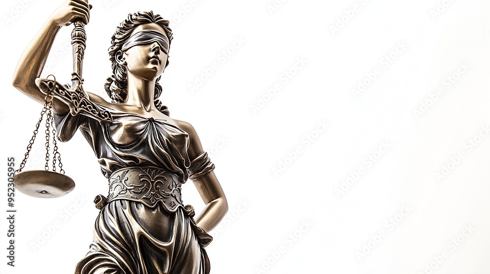 Statue of Lady Justice isolated on white low angle view Symbol of fair treatment under law : Generative AI Statue of Lady Justice isolated on white low angle view Symbol of fair treatment under law : Generative AI