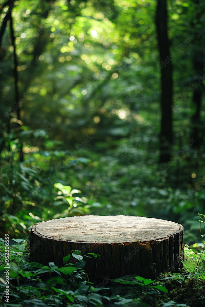 wood podium in beautiful forest with trees and many green plants for product presentation generated by AI wood podium in beautiful forest with trees and many green plants for product presentation generated by AI