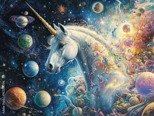 Cosmic Unicorn Wandering Through Vibrant Galaxy with Colorful Planets and Stars photo