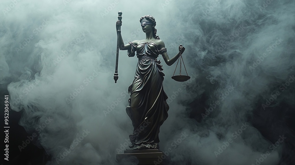 Themis statue Justice with scales on dark background with smoke Legal and law concept : Generative AI Themis statue Justice with scales on dark background with smoke Legal and law concept : Generative AI