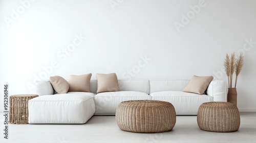 Wicker and Fabric Pouf Placed Next to a White Corner Sofa in a Modern Living Room. Minimalist Interior Design with Clean Lines and Contemporary Style. photo