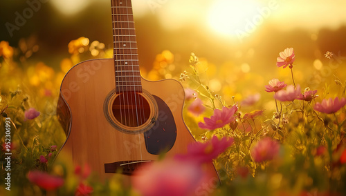 Beautiful acoustic guitar resting among vibrant flowers during golden hour, capturing the essence of music and nature harmony.