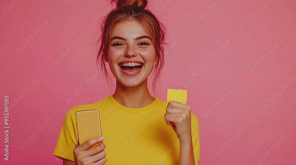 Fun young woman hold in hand use mobile cell phone doing winner gesture clenching fists isolated on pink background studio Girl using smartphone apps winning online celebrating discoun : Generative AI Fun young woman hold in hand use mobile cell phone doing winner gesture clenching fists isolated on pink background studio Girl using smartphone apps winning online celebrating discoun : Generative AI