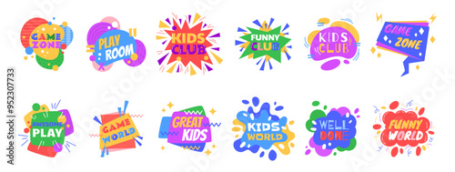 Kid sticker. Element logo game, party zone childish collection. Design badge child. Label activity school letter, logotype design. Text color fun park and club, play children symbol vector garish sign