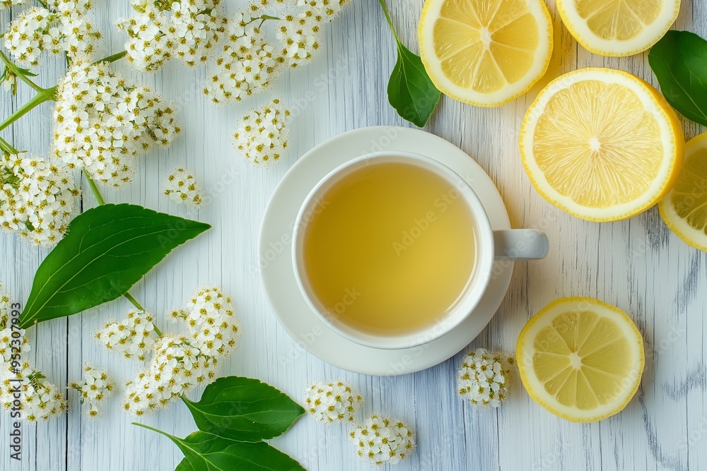 A white cup with a yellow tea sits on a table with a bunch of white flowers and a few lemons A white cup with a yellow tea sits on a table with a bunch of white flowers and a few lemons