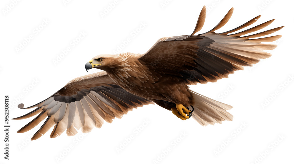 Obraz premium Golden eagle in flight with wings fully spread isolated on transparent background