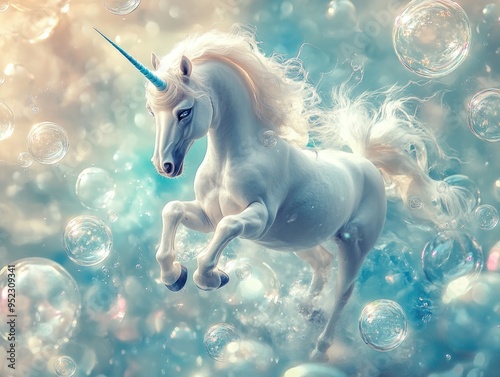 Majestic White Unicorn in Fantasy Dreamscape with Bubbles and Ethereal Light photo