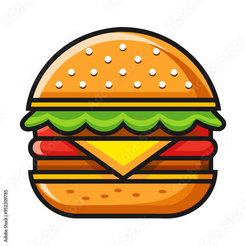 Bold Cartoon Cheeseburger Icon: Sticker-Style Vector with Thick Outline