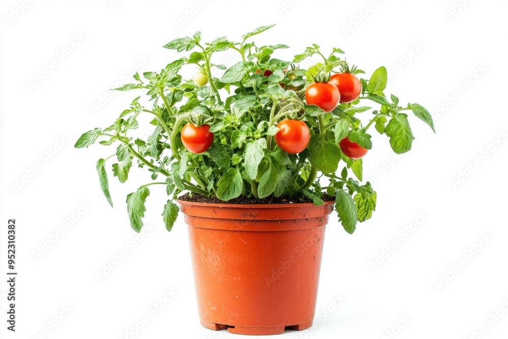 A potted tomato plant with ripe tomatoes, showcasing growth and gardening. A potted tomato plant with ripe tomatoes, showcasing growth and gardening.