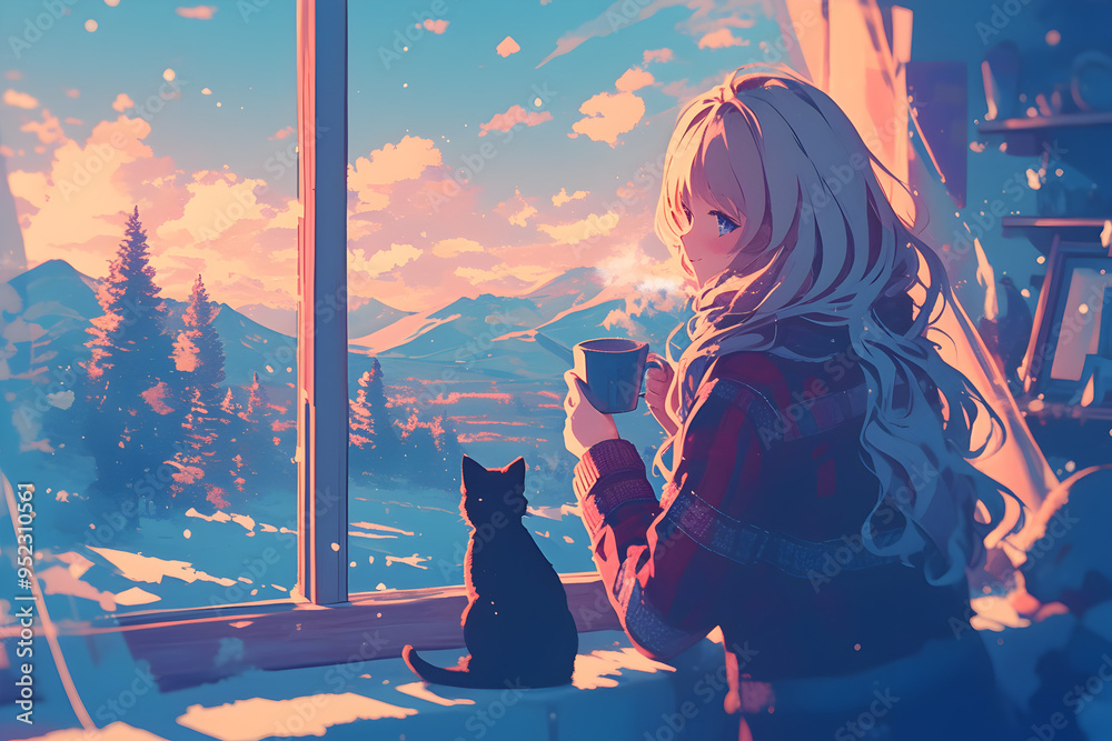Girl enjoying a warm cup of tea while gazing at a snowy landscape out the window, with her cat by her side. Anime style, Cozy vibes Girl enjoying a warm cup of tea while gazing at a snowy landscape out the window, with her cat by her side. Anime style, Cozy vibes