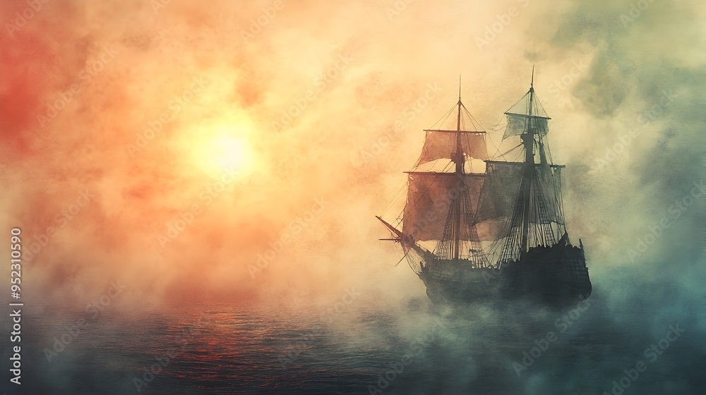 Fototapeta premium Majestic Sailing Ship Navigating Stormy Seas at Dramatic Sunset