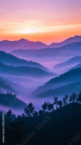 Breathtaking Landscape Sun Rising Misty Mountain. Fog Cascading Down Slopes. Dawn Ethereal Beauty. Soft Pastel Colors.