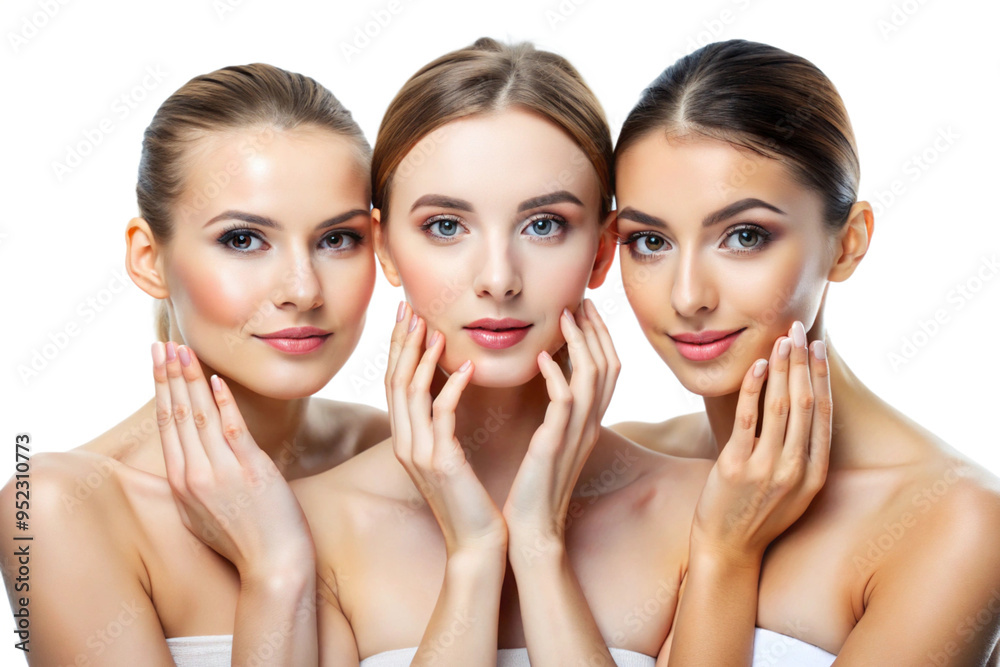Young women touching skin for skin care and smiling, radiance and care, isolated on a white background Young women touching skin for skin care and smiling, radiance and care, isolated on a white background