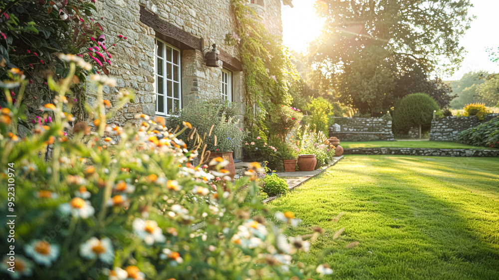 Fototapeta premium Cottage garden decor and furniture, outdoor decor and countryside house patio terrace, country cottage style landscape design idea