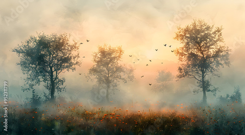 Watercolor Tapestry: A Misty Mornings Dance in Monets Orchard photo