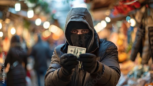 Cunning masked thief slipping a bill out of a pocket in a crowded market photo