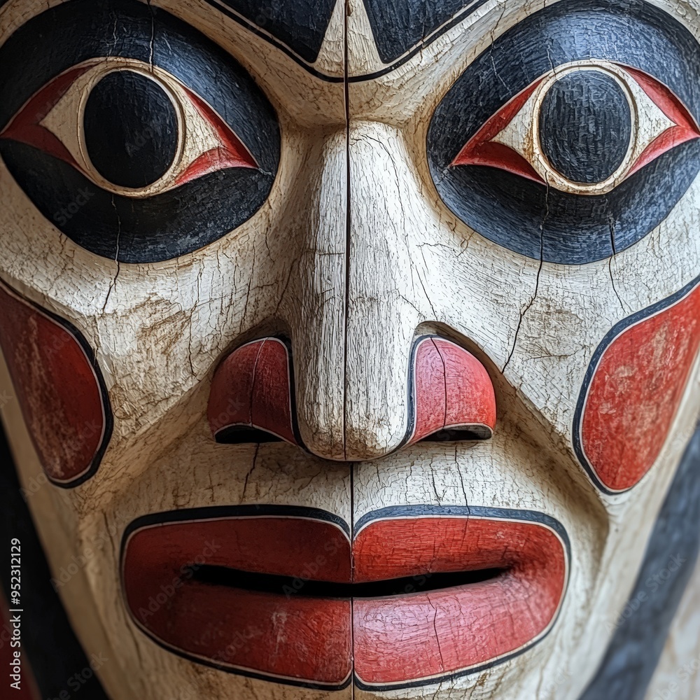 Close-Up of Traditional Inuit Face Mask with Bold Patterns Close-Up of Traditional Inuit Face Mask with Bold Patterns