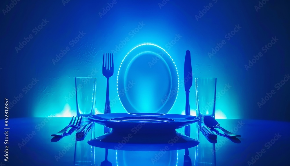 Futuristic scene with glowing fork, knife, plate against a dark blue backdrop, highlighting modern Futuristic scene with glowing fork, knife, plate against a dark blue backdrop, highlighting modern
