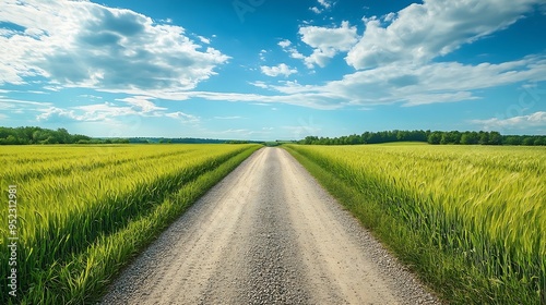 Country gravel road and green wheat fields with sky clouds natural landscape under blue sky : Generative AI