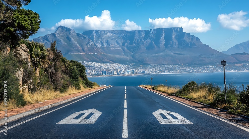 Obraz premium Coastal Road At Cape Town In Western Cape South Africa Table Mountain Landmark Freeway Road Cape Town At Western Cape South Africa Tourism Travel Road Trip Skyline : Generative AI