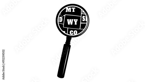 WYOMING state map in magnifying glass, black isolated silhouette