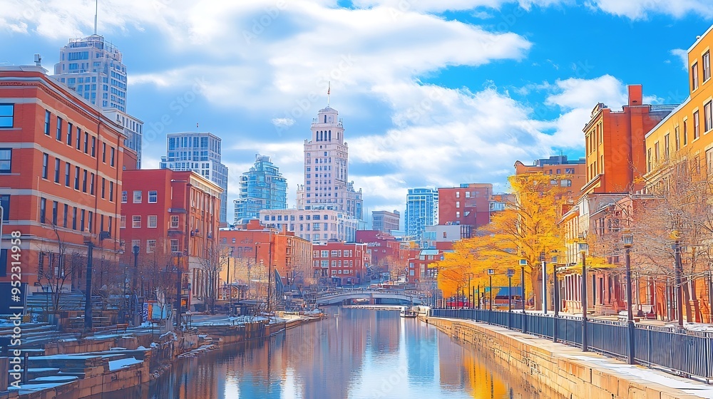 Obraz premium Providence skyline buildings and street landscape in vibrant uplifting colors Rhode Island USA : Generative AI