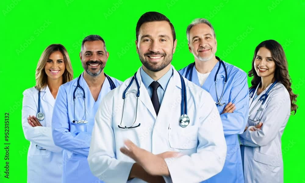 A group of doctors smiling with green screen background A group of doctors smiling with green screen background