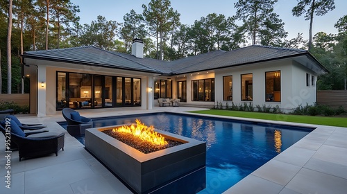 New home beautiful backyard with custom pool with fire pit : Generative AI