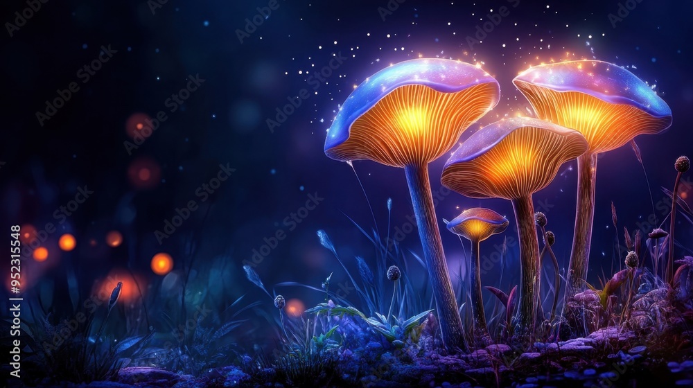 Enchanted garden, glowing mushrooms and flowers