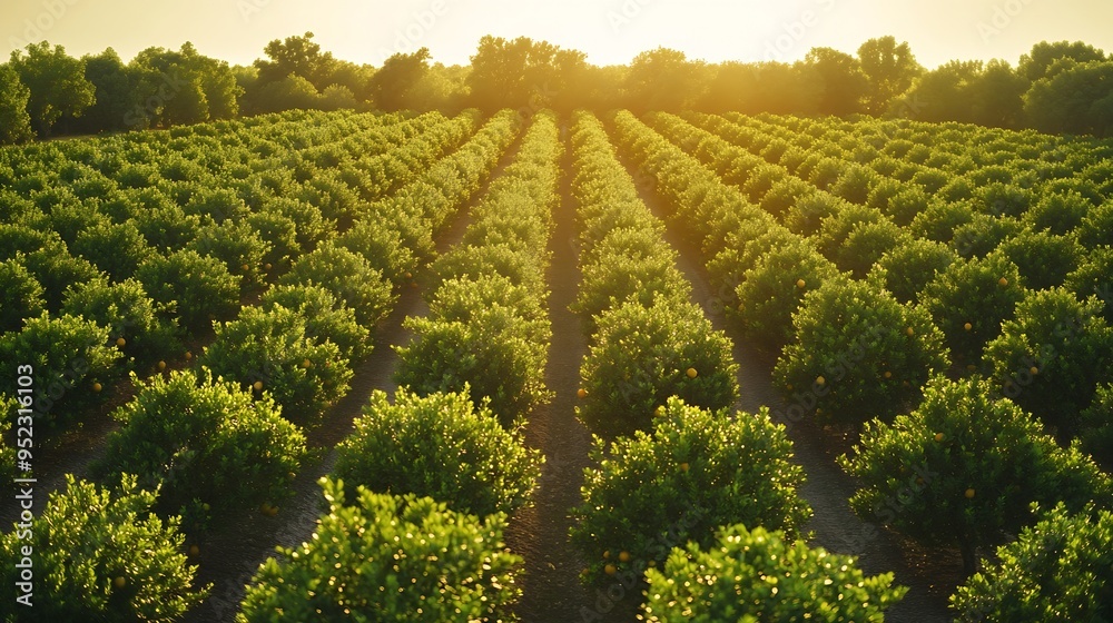 Fototapeta premium Aerial view of Florida farmlands with rows of orange grove trees growing on a sunny day : Generative AI