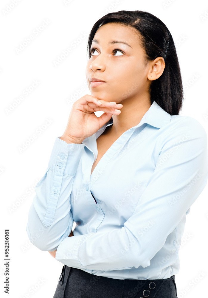 Thinking, business and woman in studio, serious and ideas for proposal in corporate and professional. White background, contemplating and planning for project, accountant and person with thought Thinking, business and woman in studio, serious and ideas for proposal in corporate and professional. White background, contemplating and planning for project, accountant and person with thought