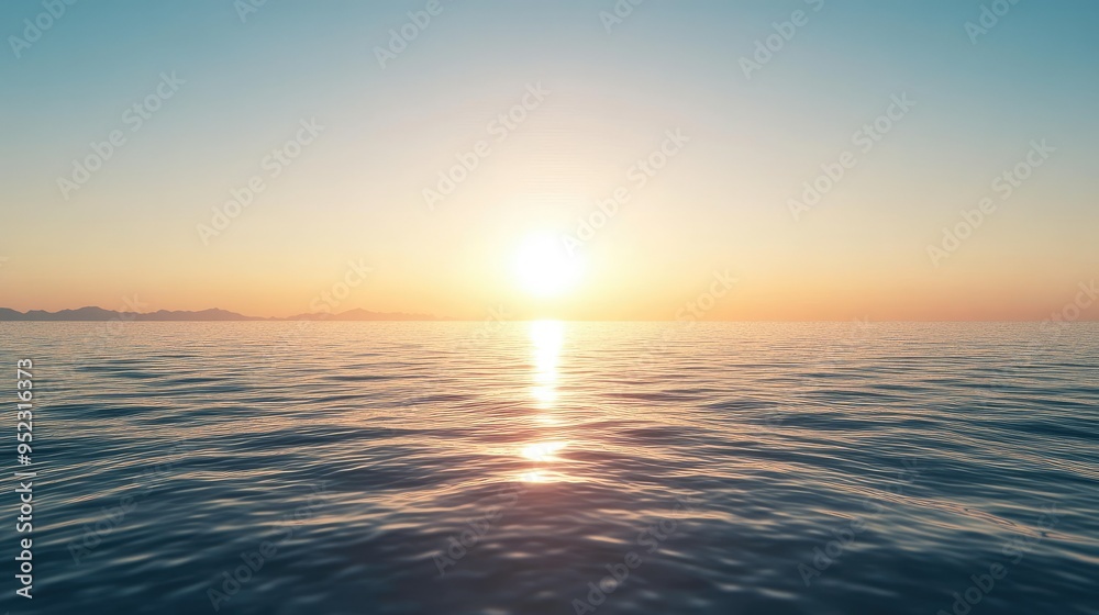 A calm sea with the sun setting in the distance, creating a perfect space for text. No people. A calm sea with the sun setting in the distance, creating a perfect space for text. No people.