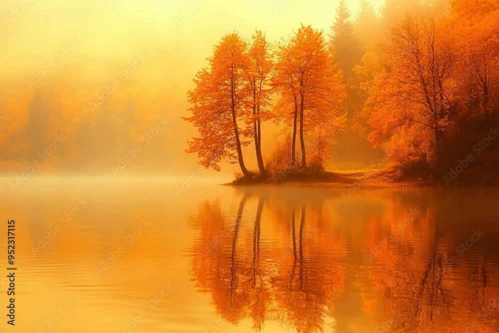 Fototapeta premium Three Trees Reflected in a Misty Autumn Lake